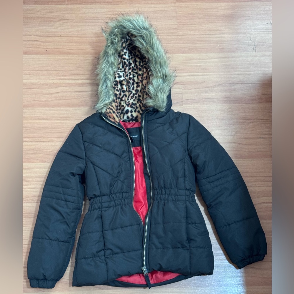 Weather Tamer Kids Puffer Jacket Fur Hood Leopard Lined Size Small 7/8